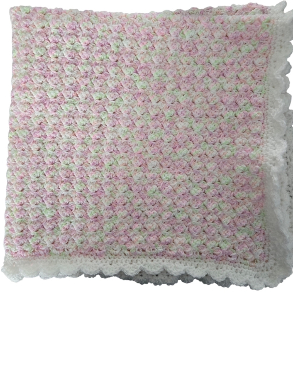 Handmade Crochet Baby Blanket, Pink, White, Light Green Colors